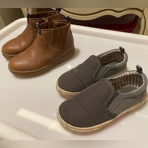 Brown Leather Boots and Gray Slip-On Shoes